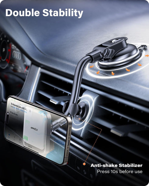 APPS2Car Dashboard Car Mount for MagSafe 17 N54 Magnets, Strong Suction Cup, Anti-Shake Stabilizer, Windshield Gooseneck Long Arm Magnetic Holder ...