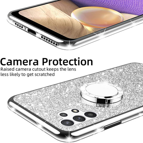 nancheng for Samsung Galaxy A32 5G Phone Case Cute Girls Women Glitter Silicone Cover with Ring Stand & Strap Lanyard - Silver...