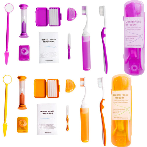 Portable Orthodontic Oral Care Kit - 2Pack - Travel Kit for Patients, Interdental Brushing Wax Floss Toothbrush Cleaning(Purple & Orange)...