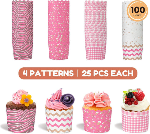 100pcs Baking Paper Cupcake & Muffin Liners - 2.4 Inches, No Baking Pan Needed, Thick & Sturdy, High Temperature & Oil Resistant, Non-stick - Pink...