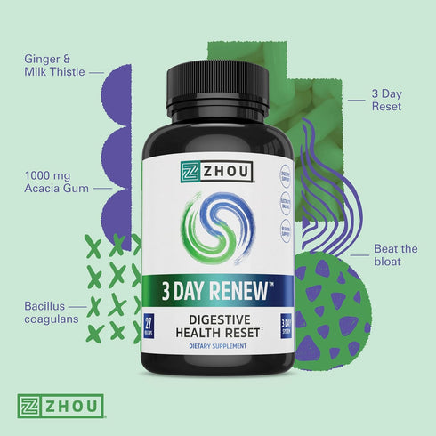 Zhou 3 Day Renew Digestive Health Reset, Bloating Aide, Alpha-Galactosidase, Probiotics, Electrolytes, 27 Veg Caps...