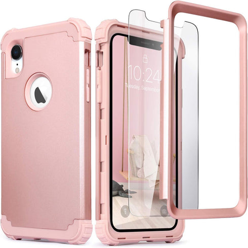 IDweel for iPhone XR Case with Tempered Glass Screen Protector for Women, 3 in 1 Shockproof Slim Hybrid Heavy Duty Hard PC Cover Soft Silicone Bum...