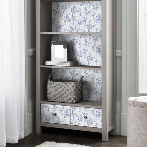 17.7"x118" Blue Grey Floral Peel and Stick Wallpaper Iris Flower Bouquet Leaf Mural Wallpaper Floral Contact Paper Self Adhesive Removable Floral ...