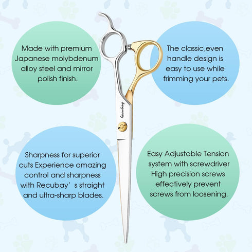 Dog Cat Scissors for Grooming, Pet Shears for Thick Coats and Matted Hair, Thinner Curved Straight Chunker Stainless Steel Shears (7.0" Straight G...