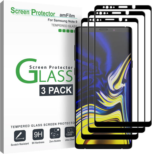 amFilm (3 Pack Glass Screen Protector for Samsung Galaxy Note 9, Full Screen Coverage Screen Protector, 3D Curved Tempered Glass, Dot Matrix with ...
