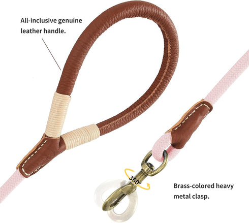 Mile High Life Dog Leash | Strong Rope Dog Leash w Premium Leather Tailor Handle | 5 Feet Dog Leash w Heavy Duty Clasp | Pink Rope Leash for Small...