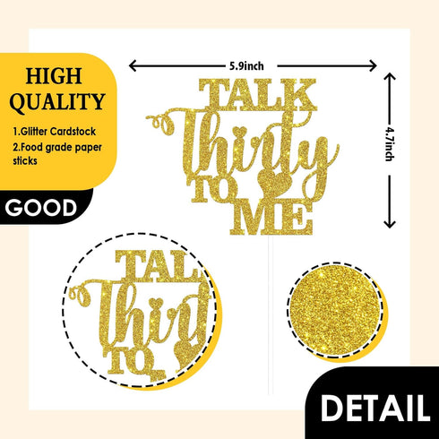 Talk Thirty to Me Cake Topper, Gold Glitter Dirty 30 for 30th Birthday Wedding Anniversary Hello 30 Party Decoration Supplies...
