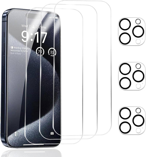3 Pack Screen Protector for iPhone 15 Pro Max & 3 Pack Camera Lens Protector, 9H Hardness HD Clear Tempered Glass Screen Protector for iPhone 15 P...