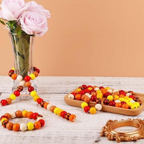 240pcs Fall Wooden Craft Beads with Hemp Rope, Thanksgiving Halloween Wooden Beads Plaid Wood Beads Wooden Round Beads Autumn Wooden Beads for DIY...
