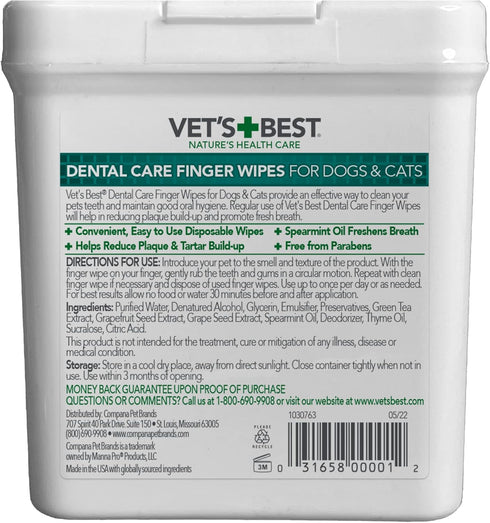 Vet's Best Dental Care Finger Wipes - Reduces Plaque & Freshens Breath - Teeth Cleaning Finger Wipes for Dogs & Cats - 50 Count...