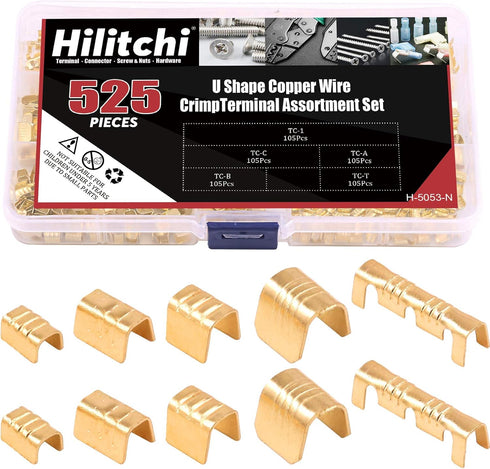 Hilitchi 525Pcs TC-1, TC-A, TC-B, TC-C, TC-T Non-Insulated U Shape Copper Ring Terminals Crimp Assortment Kit Wire Spade Electric Butt Connector...