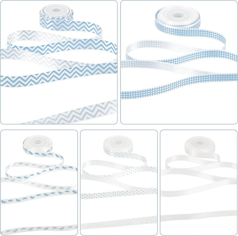 HUIHUANG Baby Blue Ribbon for Baby Shower Its A Boy Blue Ribbon Assorted Foot Print Elephant Satin Ribbon for Gift Wrapping Crafts Diaper Cake Bab...