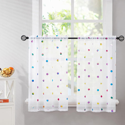 Urban Lotus White Semi Sheer Kitchen Curtains for Dining Room 45 inches Length Colorful Metallic Polka Dots Printed Tier Curtains Lightweight Rod ...