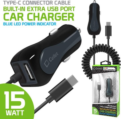 Cellet USB-C Car Charger, Fast Charging 15 Watt, 2 USB Port Car Charger with 4feet USB-C Charging Cable Compatible for Samsung Galaxy Z Flip, Z Fo...