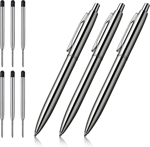3 Pcs Retractable Metal Ballpoint Pens, for Gift, Business, Office, 1.0mm Medium Point Black Ink, 6 Extras Replaceable Metal Refills - Stainess St...