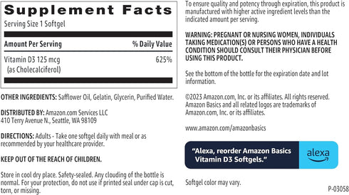 Amazon Basics Vitamin D3 125 mcg, 60 Softgels (1 per serving), Gluten Free...