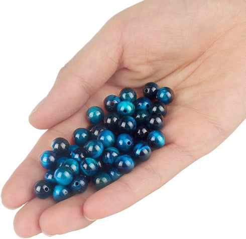 70PCS Natural 8MM Healing Gemstone, Blue Tiger’s Eye Energy Stone Round Loose Beads, Semi-Precious Crystal Beads with Free Elastic String for Jewe...