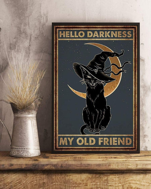 Black Cat Witch Halloween Hello Darkness My Old Friend Decor Poster No Frame Metal Tin Sign Hanging Retro Plaque Kitchen Poster Cafe Bar Pub Store...
