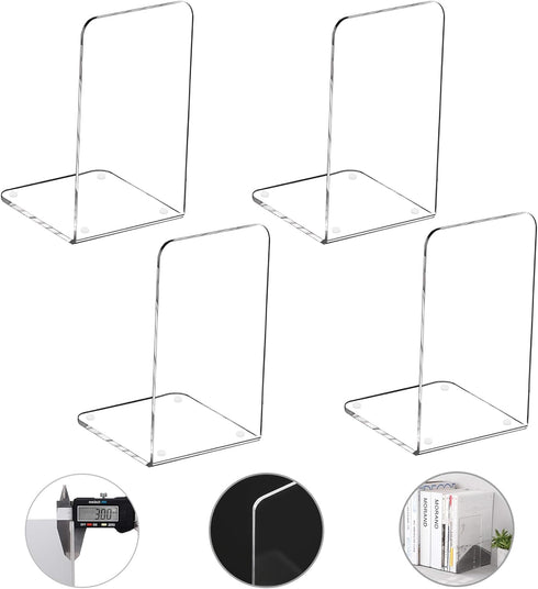 MerryNine Clear Book Ends 4pcs, Acrylic Bookends for Shelves, Non-Slip Bookend Decorative for Heavy Duty Book, Books Holder Stopper for Kids, Book...