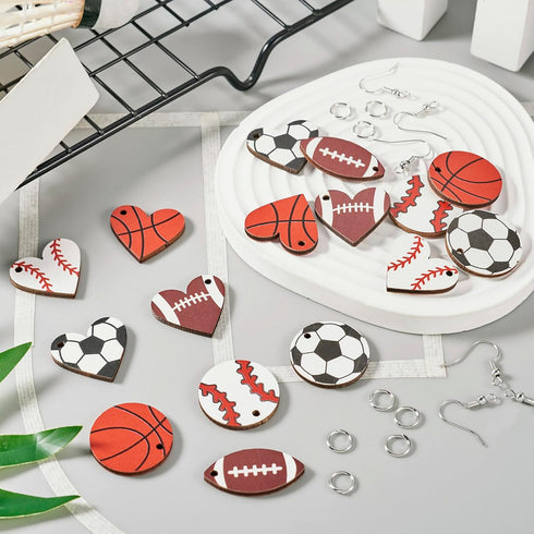 Cheriswelry 8 Pairs Sports Theme Earring Set with Baseball Football Basketball Rugby Wood Earring Pendants Earring Hooks Jump Rings for Sports Lov...