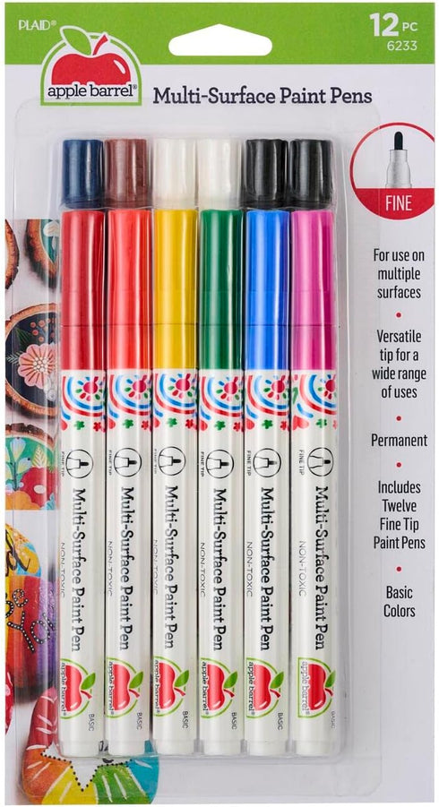 Apple Barrel, Set of 12 Multi-Surface Fine Tip Paint Pens, Perfect for Indoor and Outdoor Arts and Crafts Projects, 6233, Basic...