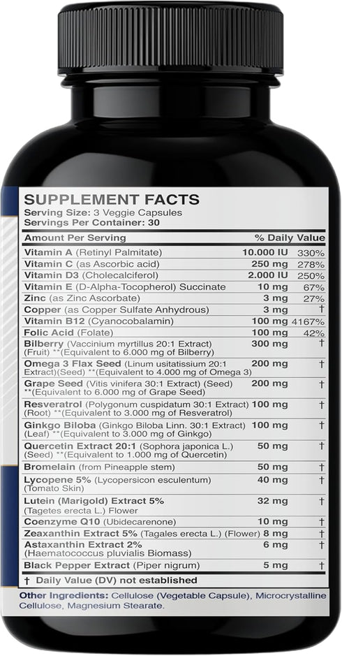 Lutein and Zeaxanthin Supplements - Eye Health Vitamins - Astaxanthin, Omega 3, Resveratrol, Bilberry, Lycopene, Quercetin, Ginkgo Biloba, Vitamin...