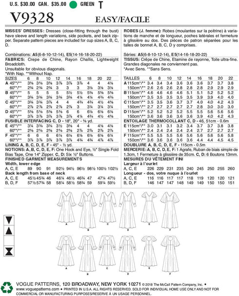 Vogue V9328E5 Easy Women's Flared Sleeve Dress Sewing Patterns, Sizes 14-22, White...