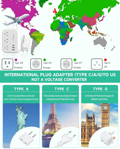 European Travel Plug Adapter, Alitayee EU/UK/US Travel Power Strip with 3 Outlets 3 USB Ports, International Universal Plug Adapter with 3ft Exten...