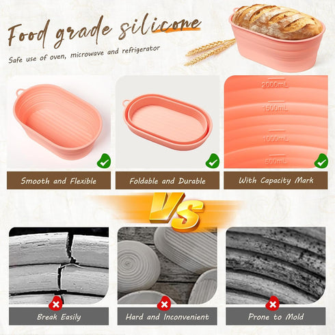Silicone Bread Proofing Basket - 10 inch Oval Sourdough Bread Baking Basket with Capacity Scale, Collapsible Bread Bowls Silicone Proofing Baskets...