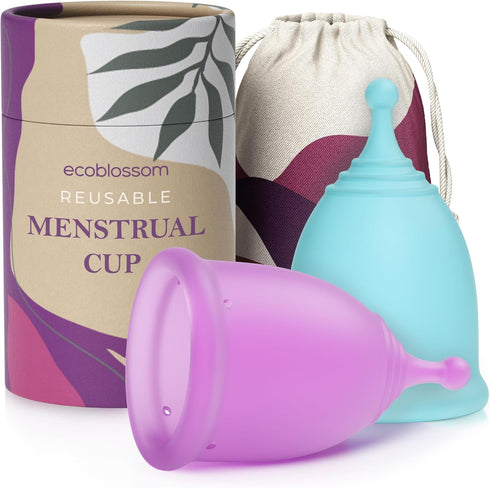 EcoBlossom Reusable Menstrual Cup Set - The Most Reliable Medical Grade Silicone Period Cups - Comfortably use for 12 Hours (Small & Large)...