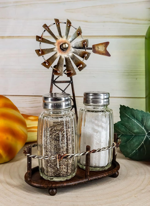 Ebros 6.5"Tall Rustic Country Farm Agricultural Windmill Outpost Salt And Pepper Shakers Holder Display Stand Set Western Kitchen Dining Home Deco...