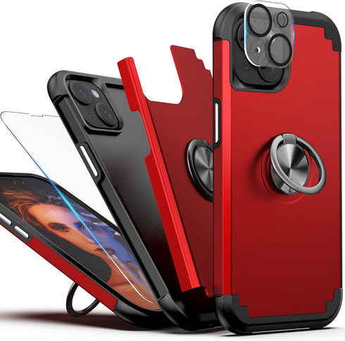 IDweel for iPhone 15 Plus Case with Screen Protector+360°Ring Holder Stand+Camera Lens Protector,2 in 1 Shockproof Slim Fit Hybrid Heavy Duty Hard...