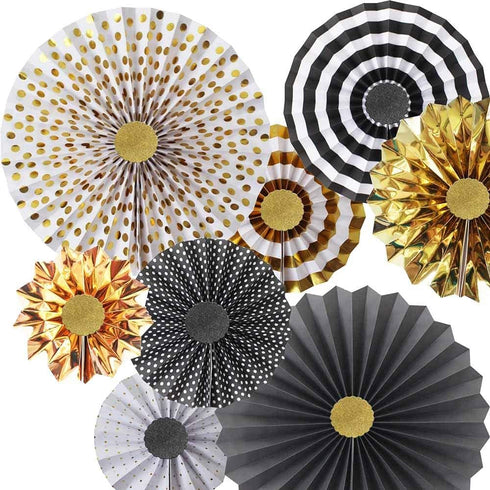 Gold Black Paper Fans Flower for Halloween Party Decorations,black2,Set of 8...