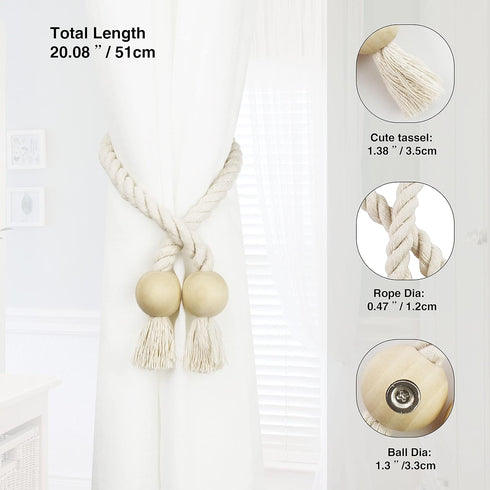 2 Pack Magnetic Curtain Tiebacks Cotton Hand Woven Tie Back Decorative Rope Holdbacks for Curtains Draperies No Tools Required, Beige...