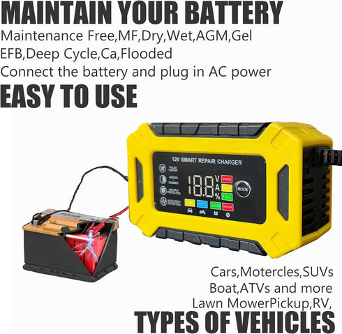 12V 6-Amp Car Battery Trickle Charger,Smart Portable Float Charger for Car, Motorcycle, Lawn Mower - Maintains SLA, AGM, Gel Cell, and Wet Lead Ac...