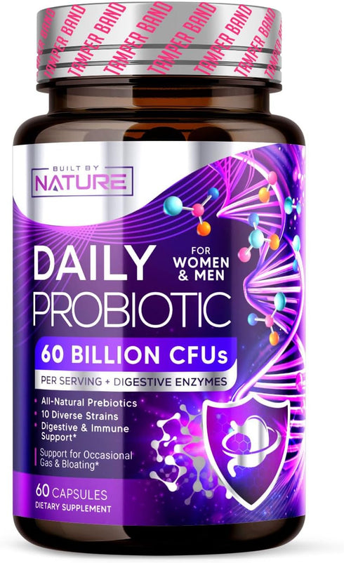 Built by Nature Probiotic - 60 Billion CFU with 10 Strains, Plus 8 Diverse Digestive Enzymes, and 4 Sources of Prebiotic Fibers – Daily Probiotic ...