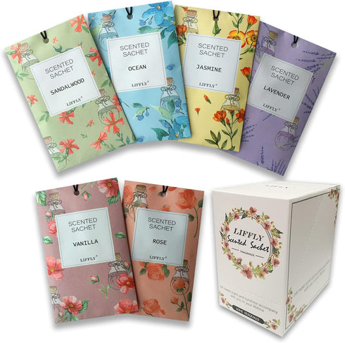 14 Packs Scented Sachets for Drawers and Closets Lavender Rose Jasmine Ocean Vanilla Sandalwood 6 Different Scent Gift Box...