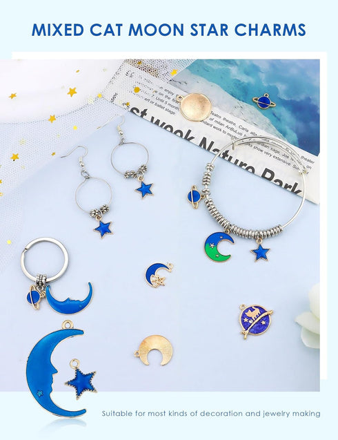 JIALEEY Assorted Gold Plated Enamel Cat Moon Star Celestial Charm Pendant DIY for Earrings Necklace Bracelet Jewelry Making and Crafting...