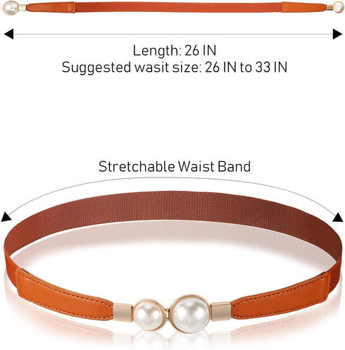 6 Pieces Women Skinny Waist Belts Stretch Waist Buckle Belts Thin Elastic Waist Cinch Belts Retro Faux Leather Waist Band with Metal Buckle for Wo...