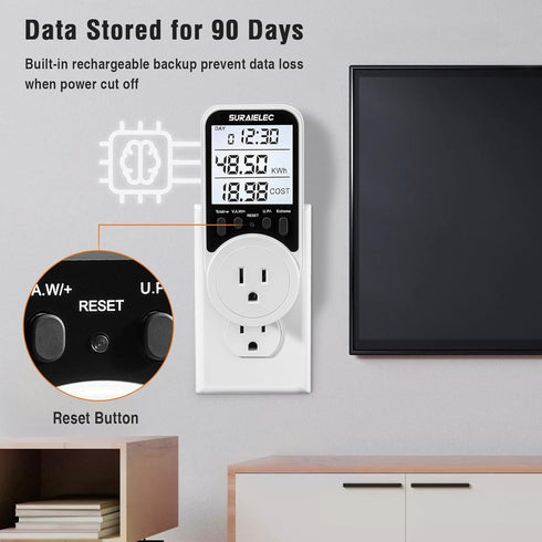 Suraielec Watt Meter, Plug-in Socket Power Meter, 90V-250V Wide Range, Backlit Large Display, Auto Cost Calculator, Overload Protection, Kilowatt ...