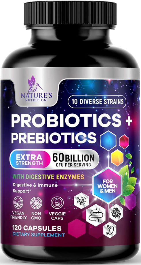 Daily Probiotic and Prebiotic Supplement 60 Billion CFU Capsule for Women & Men - 10 Diverse Strains - Acidophilus Prebiotics & Probiotics for Dig...