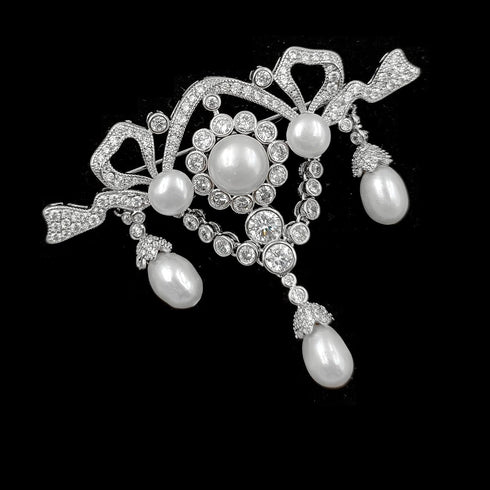 Magnificent Vintage Clear White Ribbon Trio Pearl Drop Brooch Pin Edwardian Jewelry...