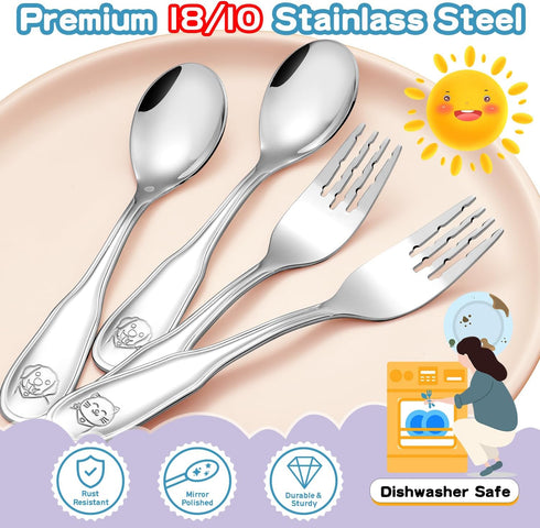 Toddler-Utensils-Kids-Silverware-Set, 8 PCS 18/10 Stainless Steel Toddler Forks and Spoons, Round Edges Children Cutlery Set with Dog & Cat Patter...