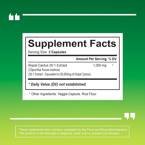 Nopal Cactus Extract 20,000mg for Antioxidant, Skin, Metabolism, Wellness, Heart Health Support - 120 Veggie Capsules - Non-GMO, Gluten-Free, Vega...