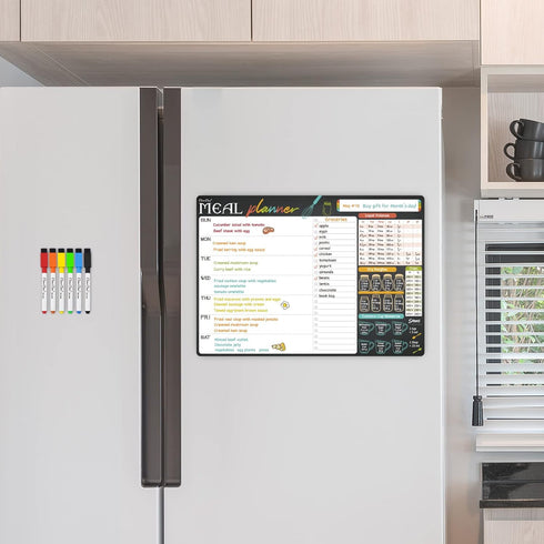 Magnetic Dry Erase Menu Board - 17"x12" Meal Planning Board for Fridge - 6 Extra Fine Point Markers Included - Shipped Flat...