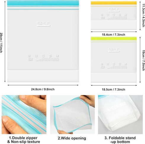 SPLF 12 Pack Reusable Gallon Freezer Bags Dishwasher Microwave Safe, 1 Gallon BPA Free Leakproof Food Storage Bags, Silicone Free Containers for M...