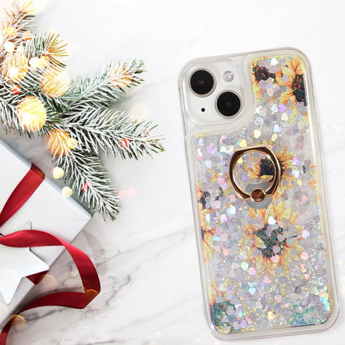 Glitter Case with Ring Holder Compatible with iPhone 15 Glitter Case Clear Ring Holder Kickstand Soft TPU Bling Girly Women Cute Liquid Holiday Ca...