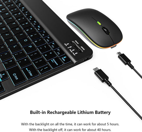 Backlit Bluetooth Keyboard and Mouse Combo for iPad Air Pro Mini Tablet iPhone Android Samsung Smartphone Cell Phone Rechargeable Ultra Slim Wirel...