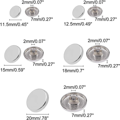 OLYCRAFT 100pcs Alloy Shank Buttons Metal Flat Buttons 5 Sizes Round Sewing Buttons for Sewing DIY Crafts and Jewelry Making - Platinum...
