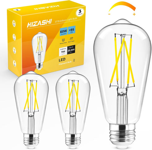 Hizashi LED Edison Bulbs, 6W, Equivalent 60W, Dimmable E26 LED Bulb, Daylight 5000K, 90+ CRI 700 Lumens, ST19 Vintage Light Bulbs, Clear Glass, Pa...